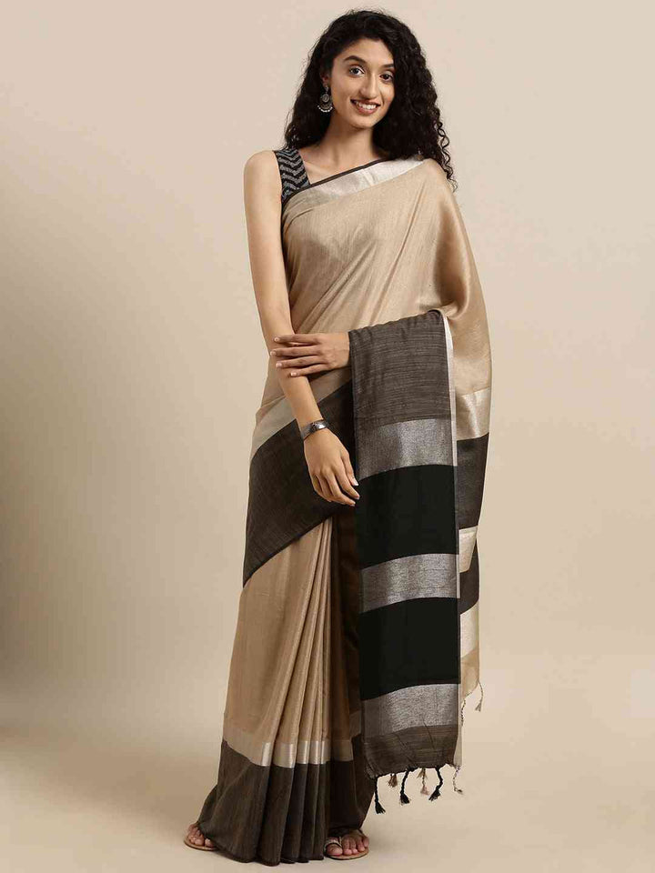 Beige & Black Linen Silk Saree with Silver Zari Border