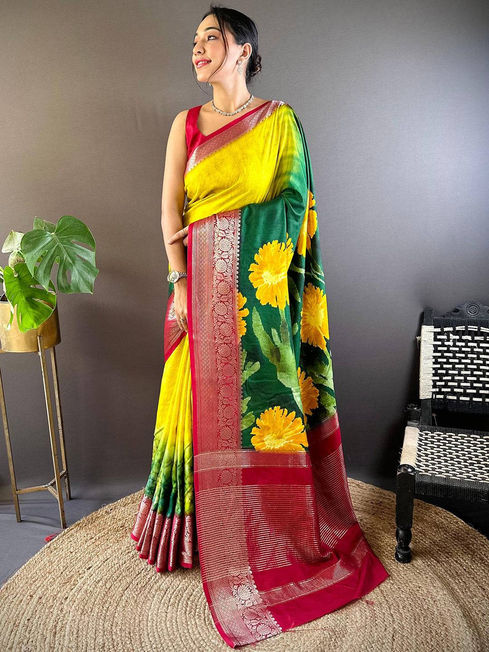 Vibrant Yellow & Green Banarasi Silk Saree with Red Zari Border and Floral Print
