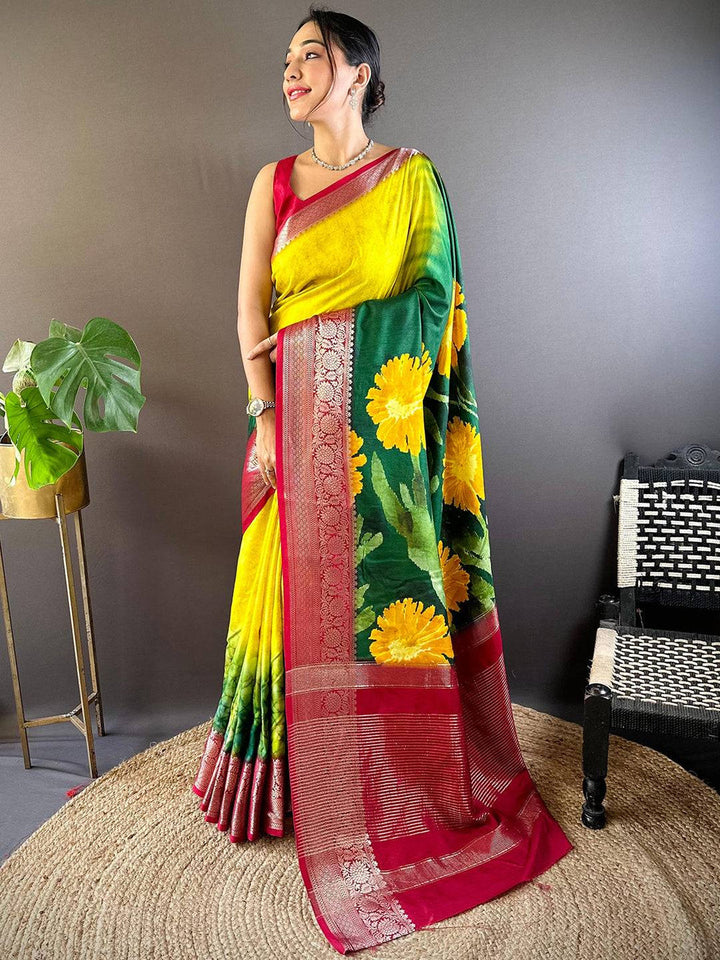 Vibrant Yellow & Green Banarasi Silk Saree with Red Zari Border and Floral Print