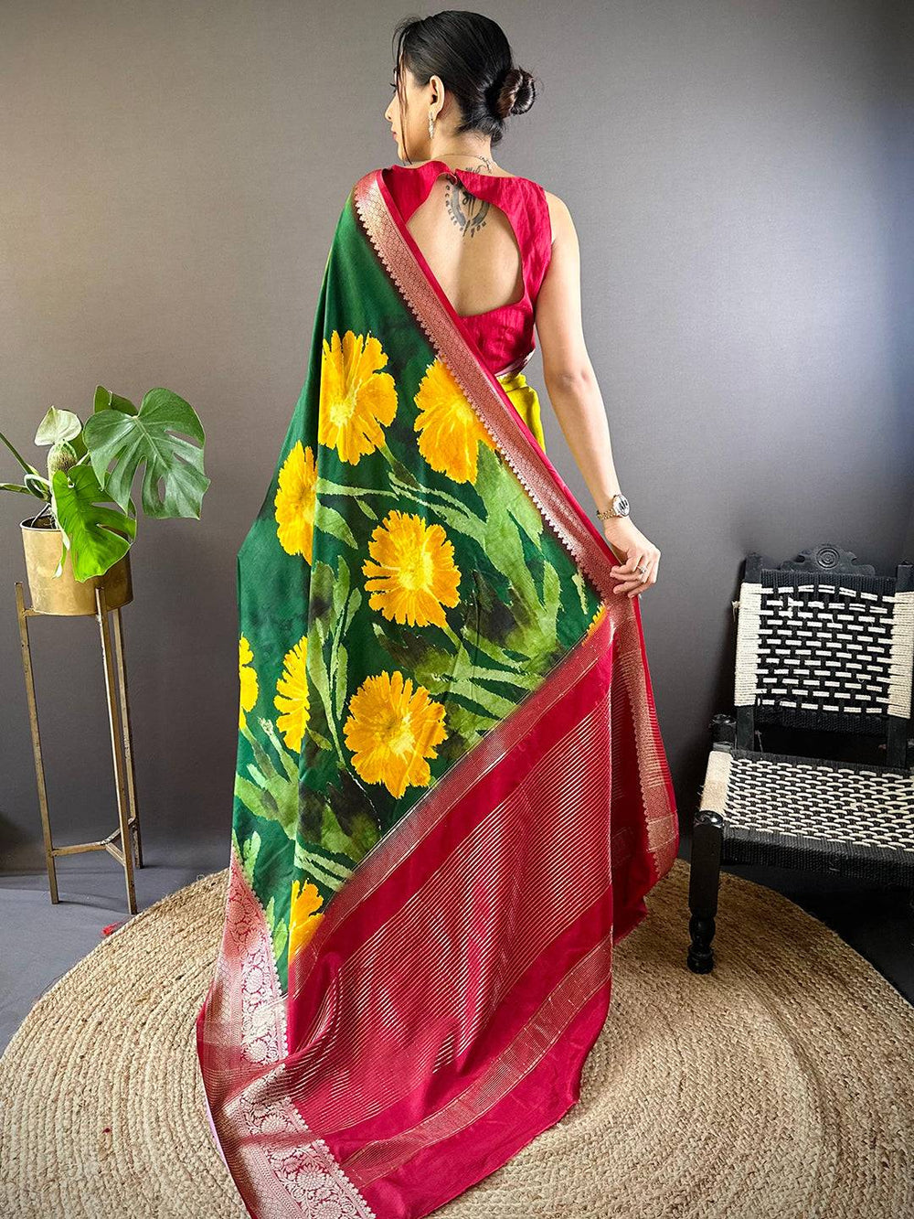 Vibrant Yellow & Green Banarasi Silk Saree with Red Zari Border and Floral Print