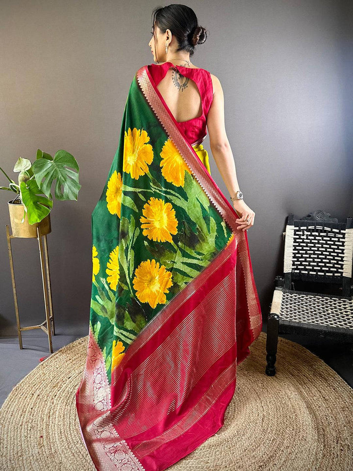 Vibrant Yellow & Green Banarasi Silk Saree with Red Zari Border and Floral Print