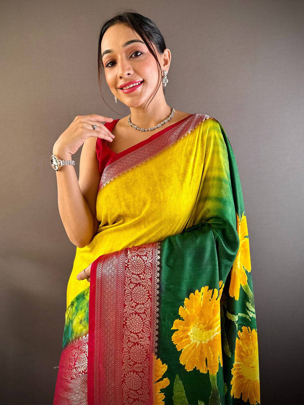 Vibrant Yellow & Green Banarasi Silk Saree with Red Zari Border and Floral Print
