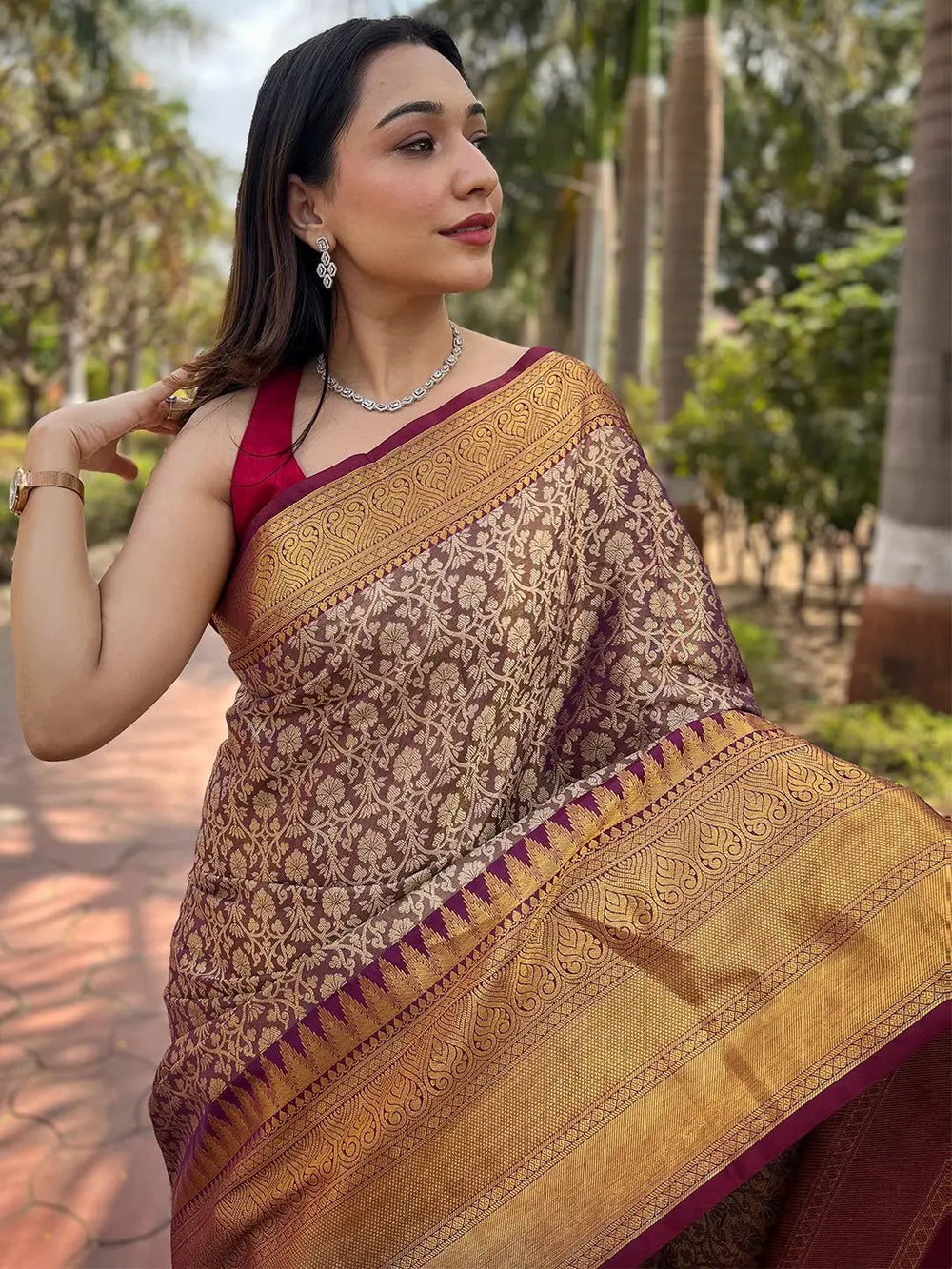 Maroon Banarasi Silk Saree with Gold Zari Floral Weave & Traditional Border