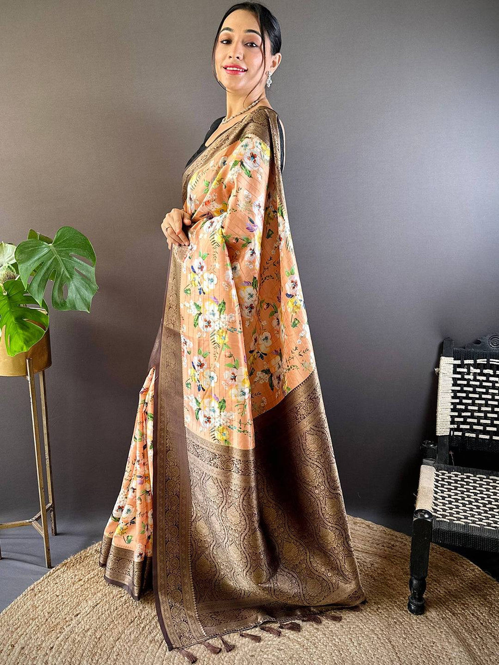 Peach Floral Banarasi Silk Saree with Rich Brown Zari Border & Pallu