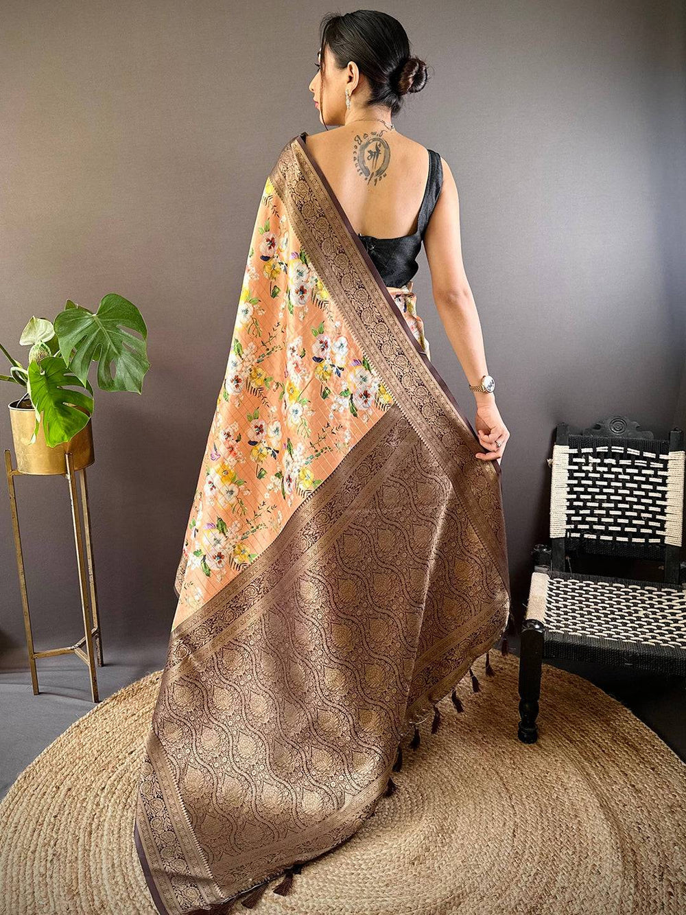 Peach Floral Banarasi Silk Saree with Rich Brown Zari Border & Pallu