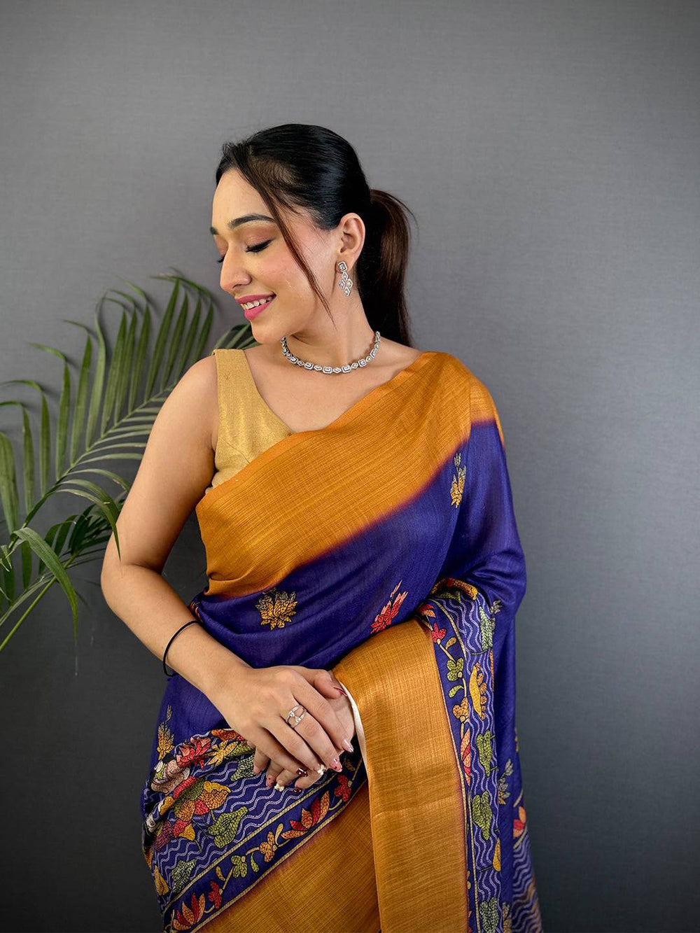 Navy Blue & Mustard Linen Silk Saree with Madhubani Artwork & Tassel Pallu