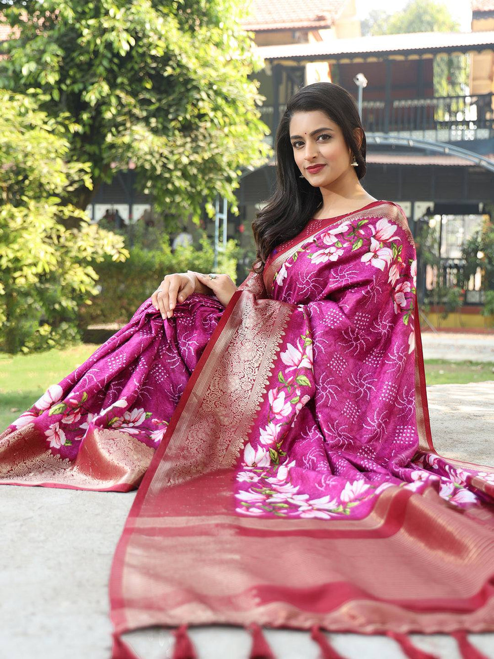 Magenta Banarasi Silk Saree with Floral Print & Gold Zari Border