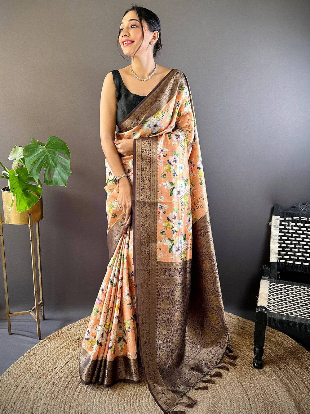 Peach Floral Banarasi Silk Saree with Rich Brown Zari Border & Pallu