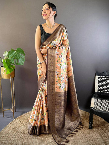 Peach Floral Banarasi Silk Saree with Rich Brown Zari Border & Pallu