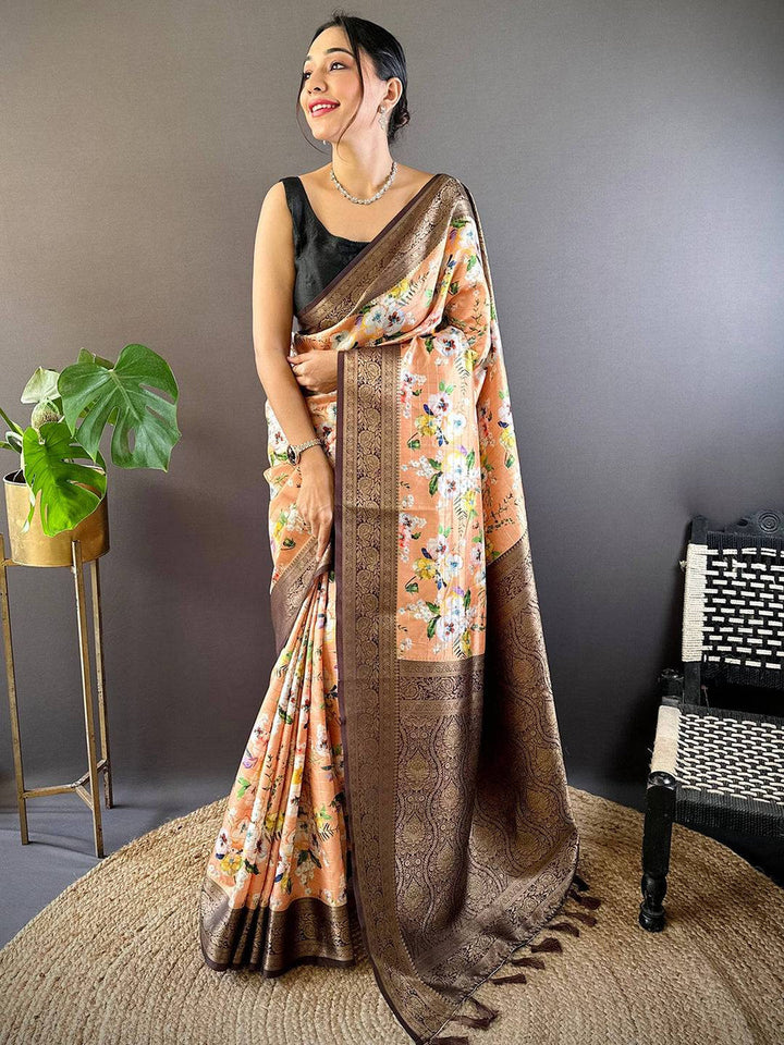 Peach Floral Banarasi Silk Saree with Rich Brown Zari Border & Pallu