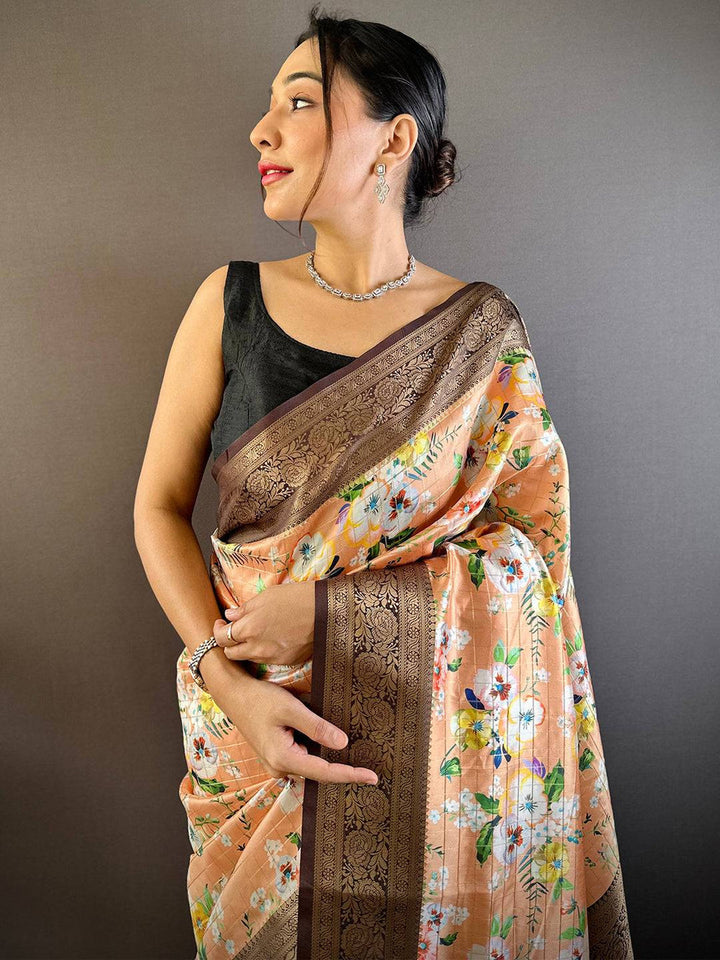 Peach Floral Banarasi Silk Saree with Rich Brown Zari Border & Pallu