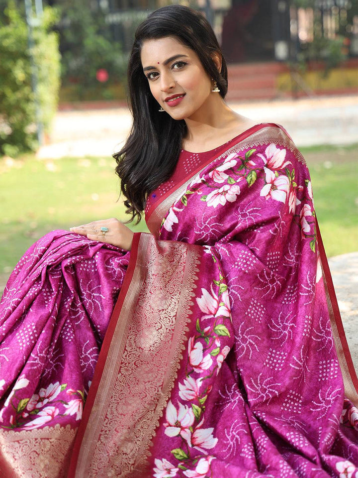 Magenta Banarasi Silk Saree with Floral Print & Gold Zari Border