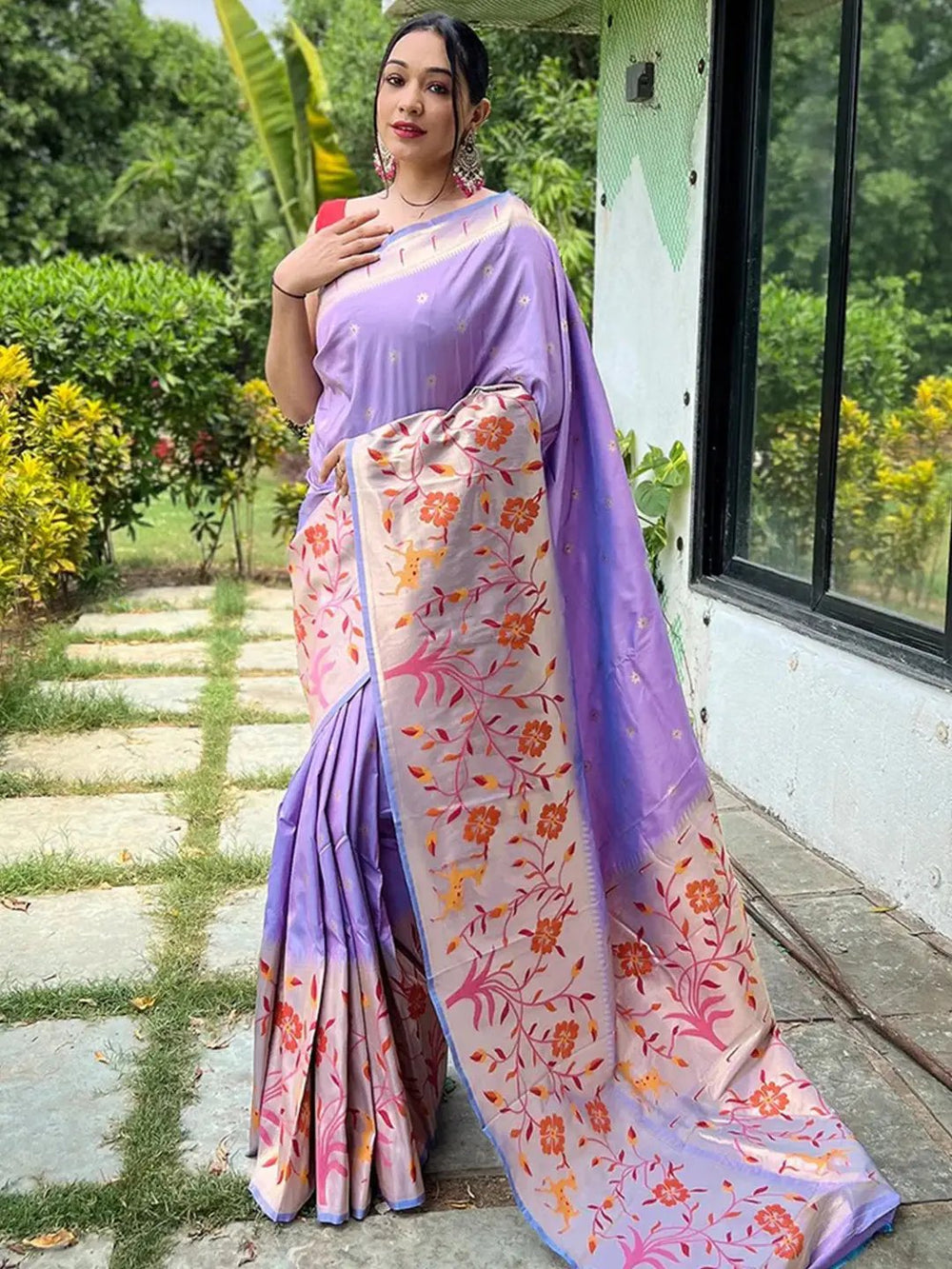 Lavender Silk Saree with Multicolor Floral Print & Ombre Pleats
