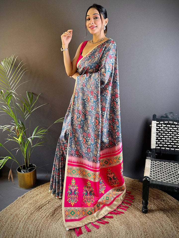 Navy Blue & Pink Floral Printed Silk Saree with Designer Pallu and Tassels