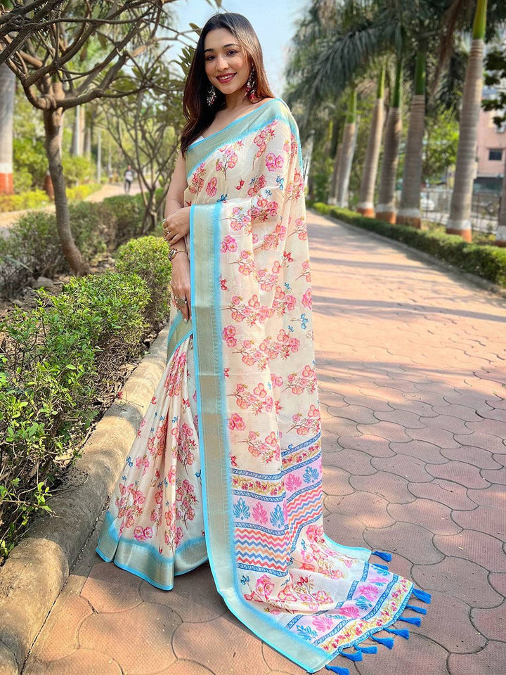 Cream Linen Silk Saree with Pink Floral Print & Sky Blue Border