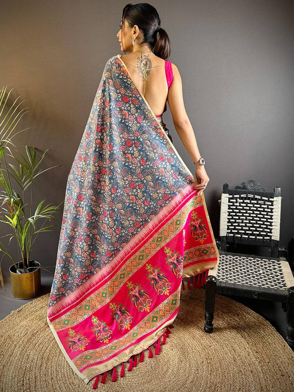 Navy Blue & Pink Floral Printed Silk Saree with Designer Pallu and Tassels