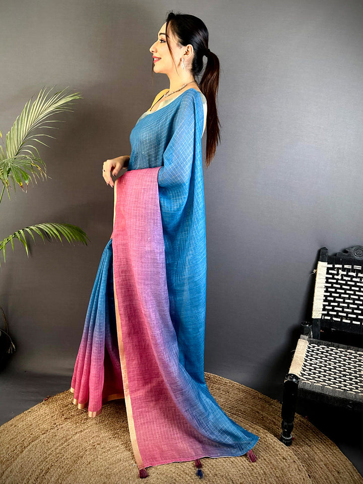 Blue & Pink Ombre Linen Silk Saree with Subtle Texture & Gold Border