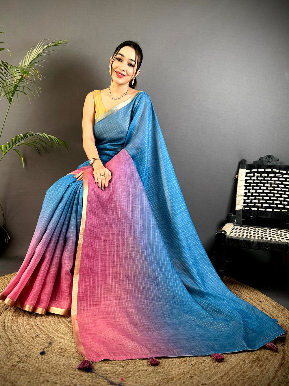 Blue & Pink Ombre Linen Silk Saree with Subtle Texture & Gold Border