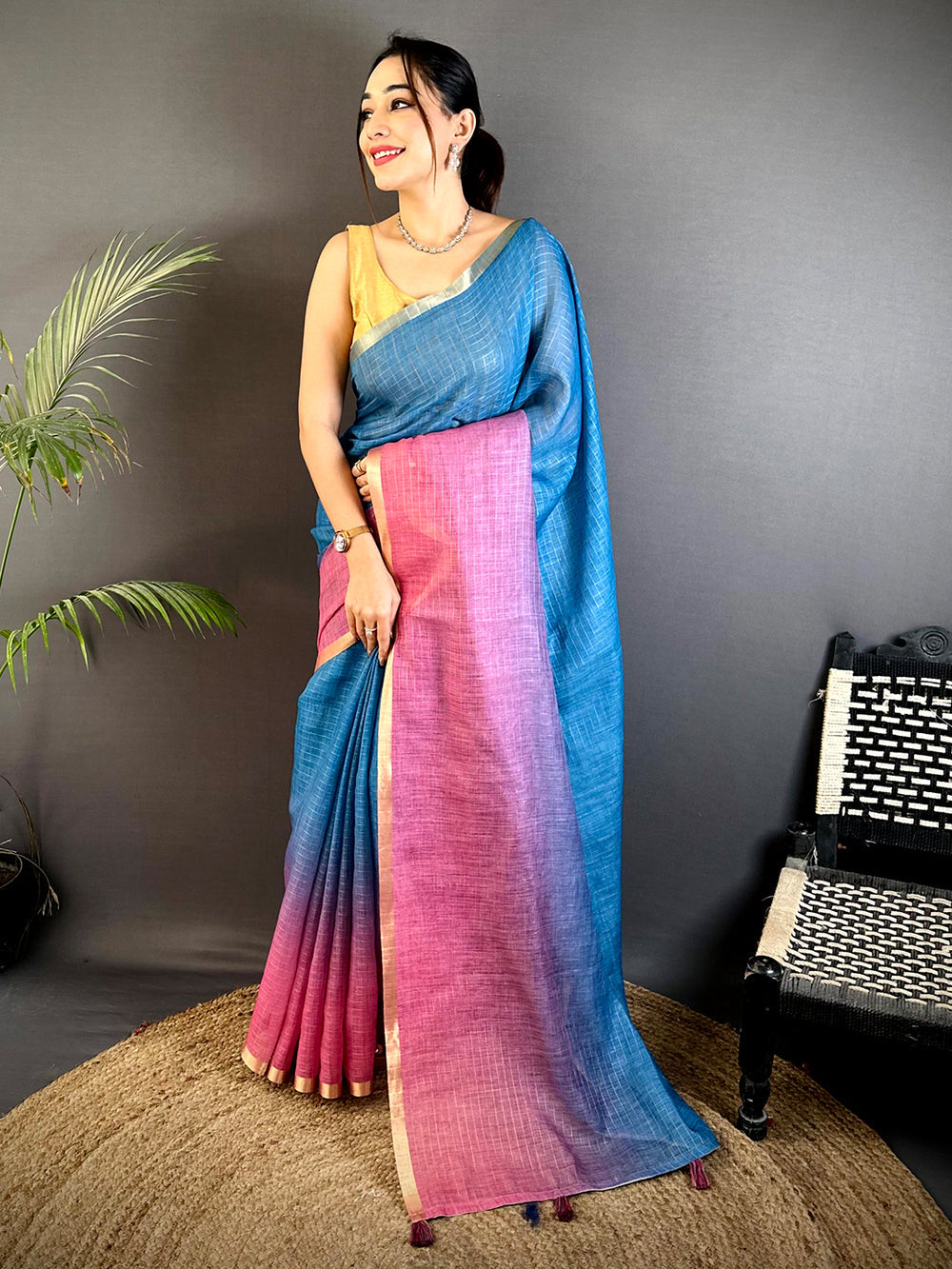 Blue & Pink Ombre Linen Silk Saree with Subtle Texture & Gold Border
