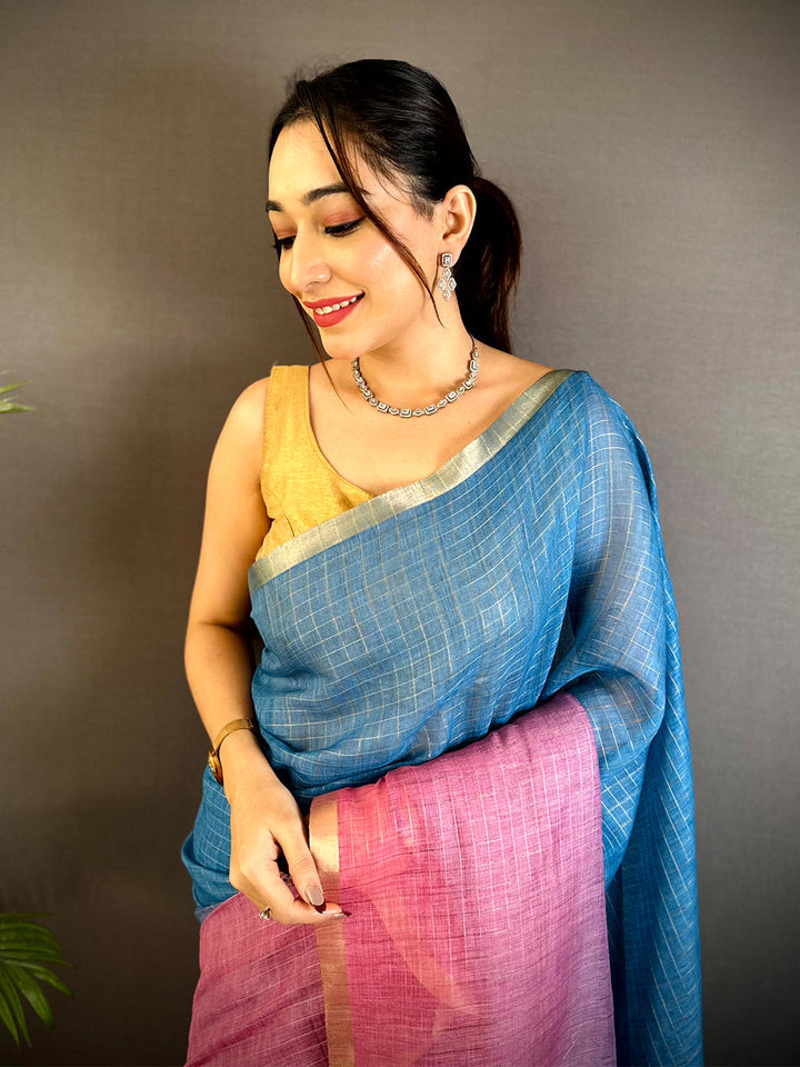 Blue & Pink Ombre Linen Silk Saree with Subtle Texture & Gold Border