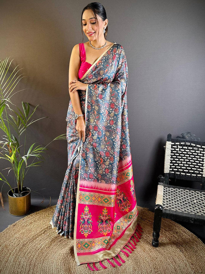 Navy Blue & Pink Floral Printed Silk Saree with Designer Pallu and Tassels