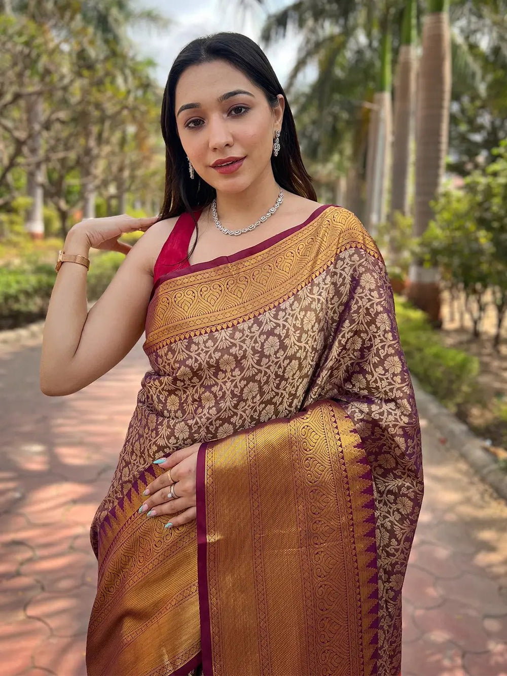 Maroon Banarasi Silk Saree with Gold Zari Floral Weave & Traditional Border