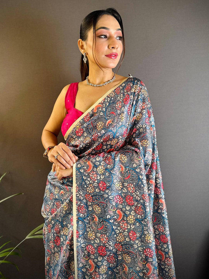 Navy Blue & Pink Floral Printed Silk Saree with Designer Pallu and Tassels