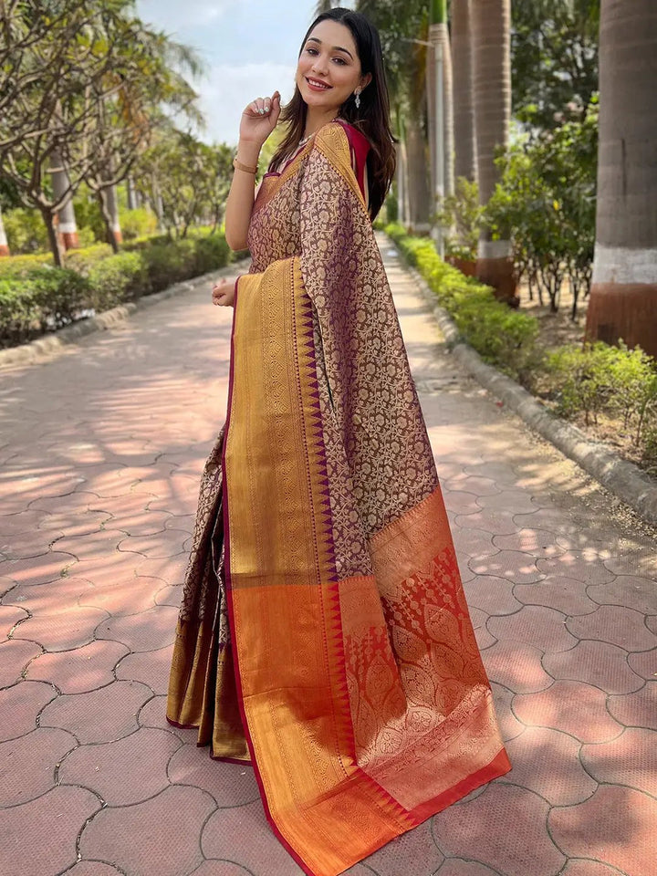 Maroon Banarasi Silk Saree with Gold Zari Floral Weave & Traditional Border