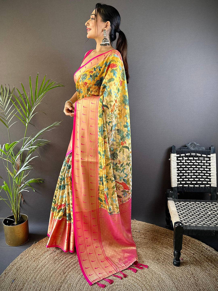 Peach & Pink Floral Banarasi Silk Saree with Golden Zari Pallu and Tassels