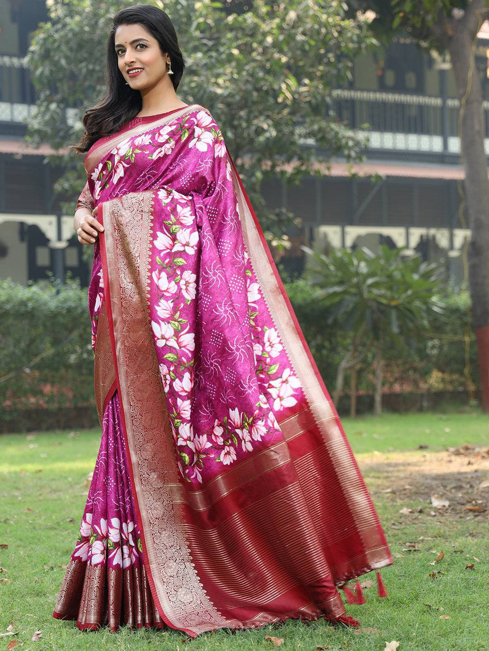 Magenta Banarasi Silk Saree with Floral Print & Gold Zari Border