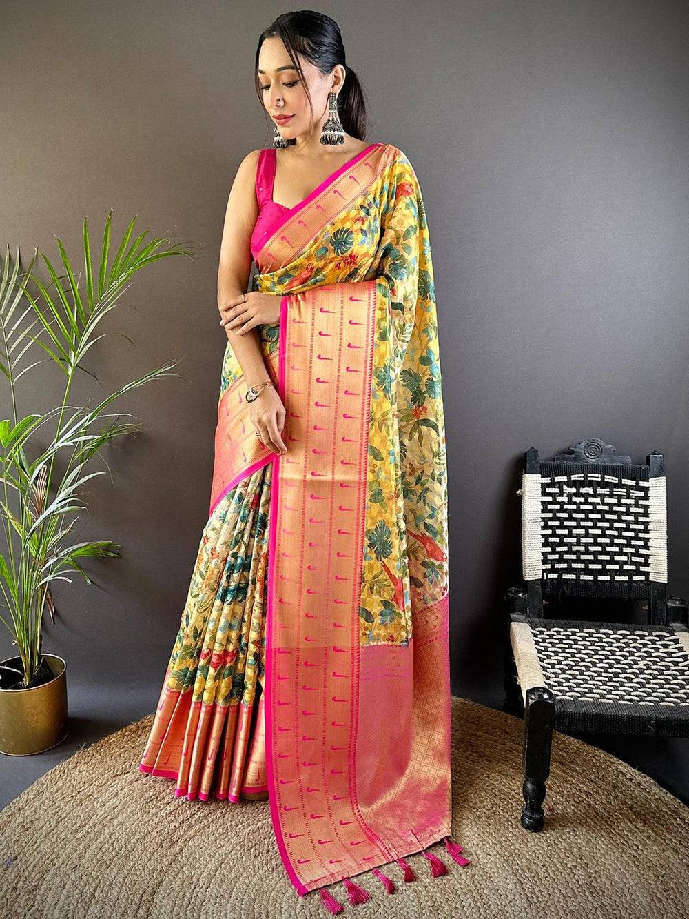 Peach & Pink Floral Banarasi Silk Saree with Golden Zari Pallu and Tassels