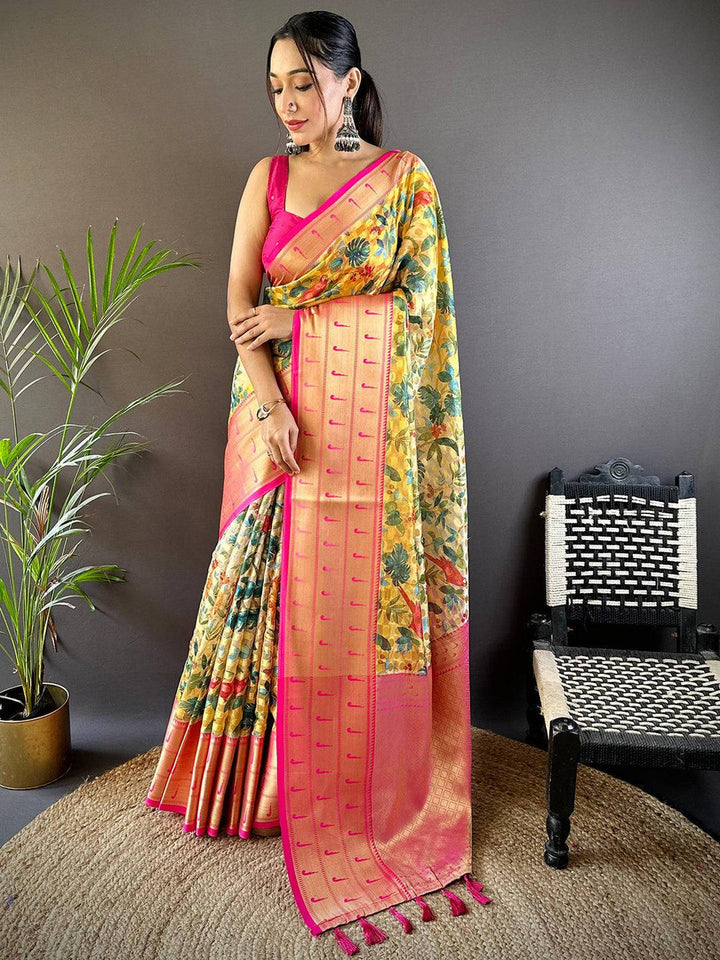 Peach & Pink Floral Banarasi Silk Saree with Golden Zari Pallu and Tassels