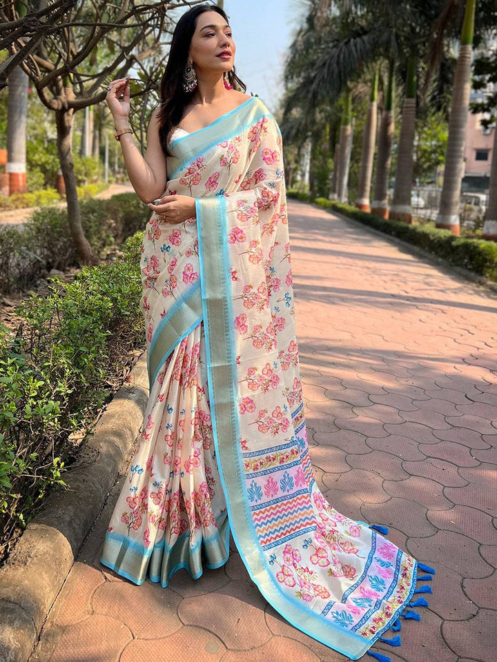 Cream Linen Silk Saree with Pink Floral Print & Sky Blue Border