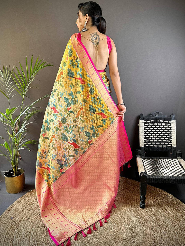 Peach & Pink Floral Banarasi Silk Saree with Golden Zari Pallu and Tassels