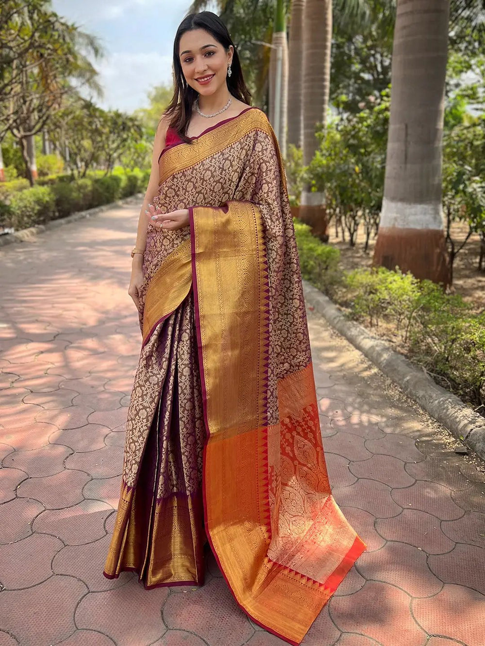 Maroon Banarasi Silk Saree with Gold Zari Floral Weave & Traditional Border