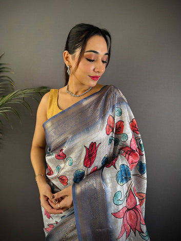 Grey Linen Silk Saree with Lotus Floral Digital Print & Zari Border