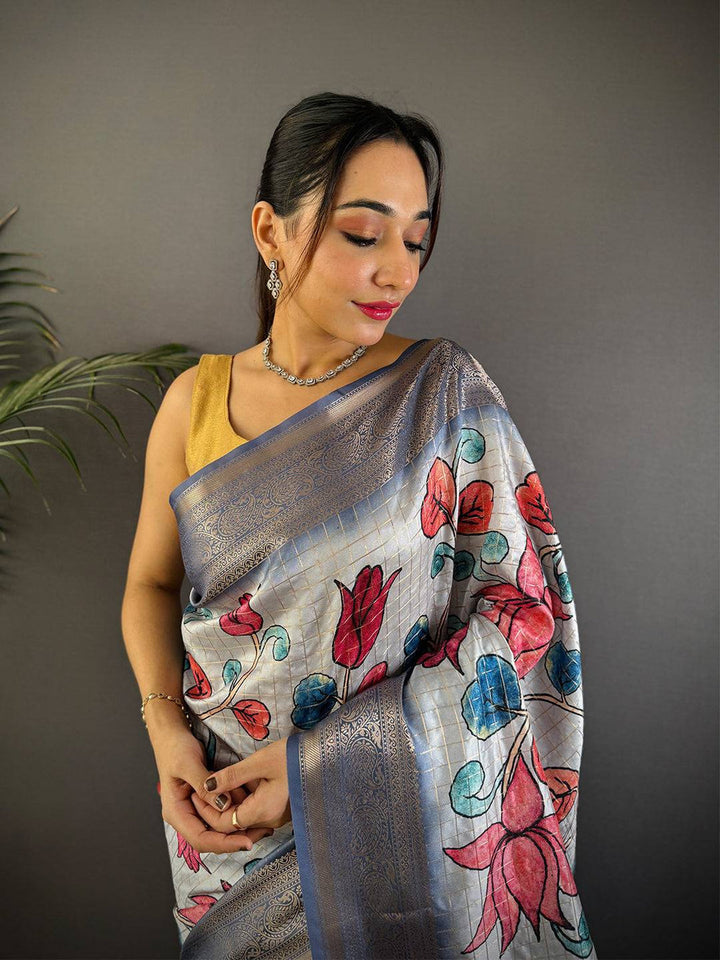 Grey Linen Silk Saree with Lotus Floral Digital Print & Zari Border