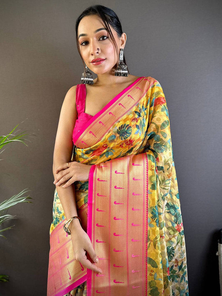 Peach & Pink Floral Banarasi Silk Saree with Golden Zari Pallu and Tassels