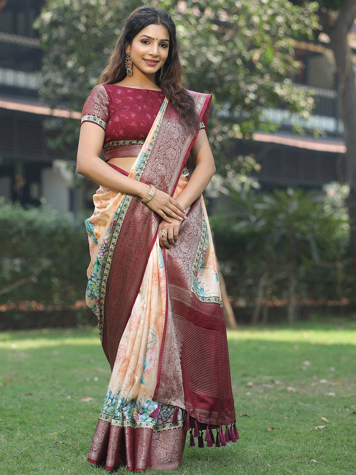 Maroon & Cream Soft Silk Saree with Floral Print & Zari Woven Border