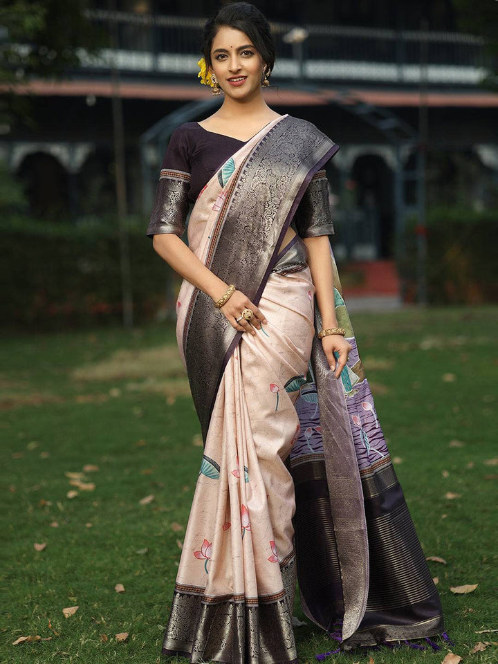 Ivory Soft Silk Saree with Lotus Print & Black Zari Woven Border