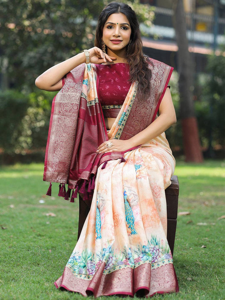 Maroon & Cream Soft Silk Saree with Floral Print & Zari Woven Border