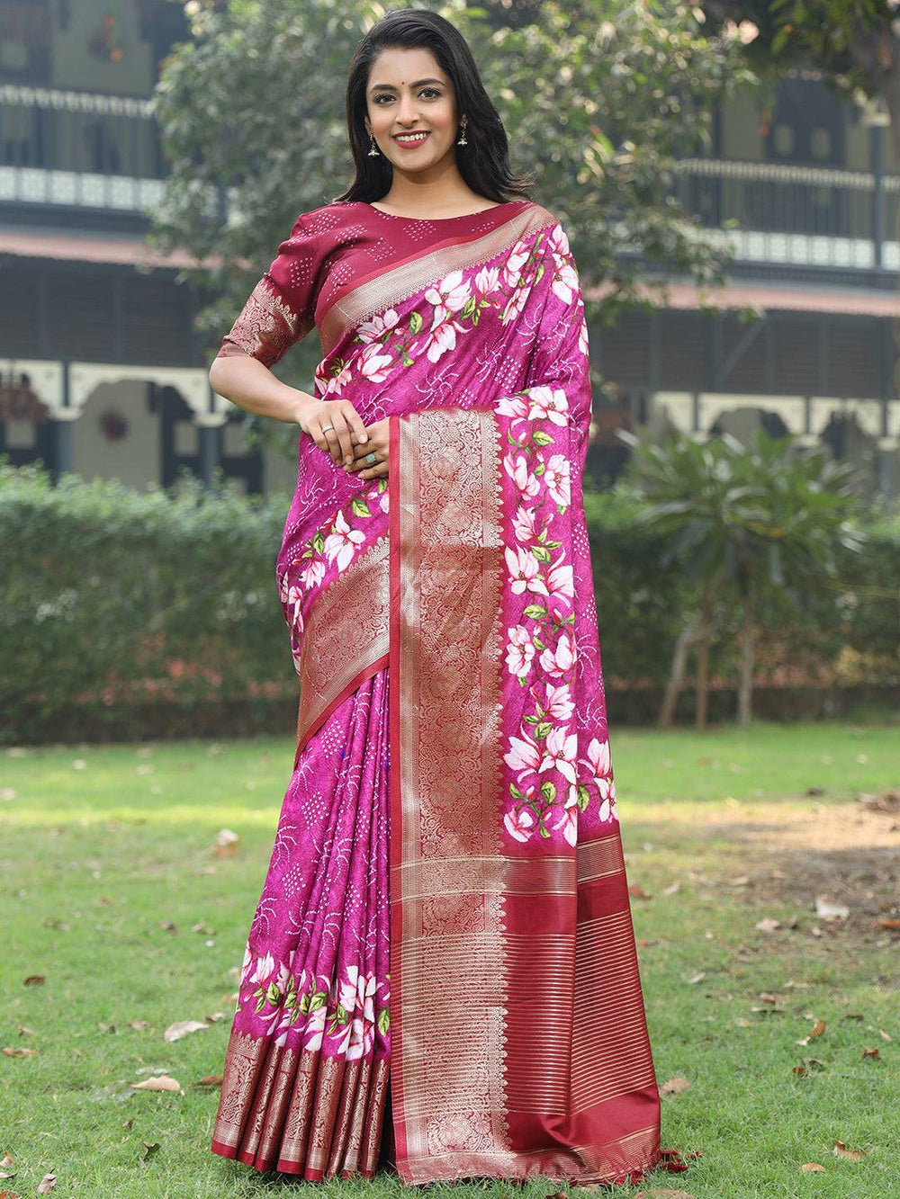 Magenta Banarasi Silk Saree with Floral Print & Gold Zari Border