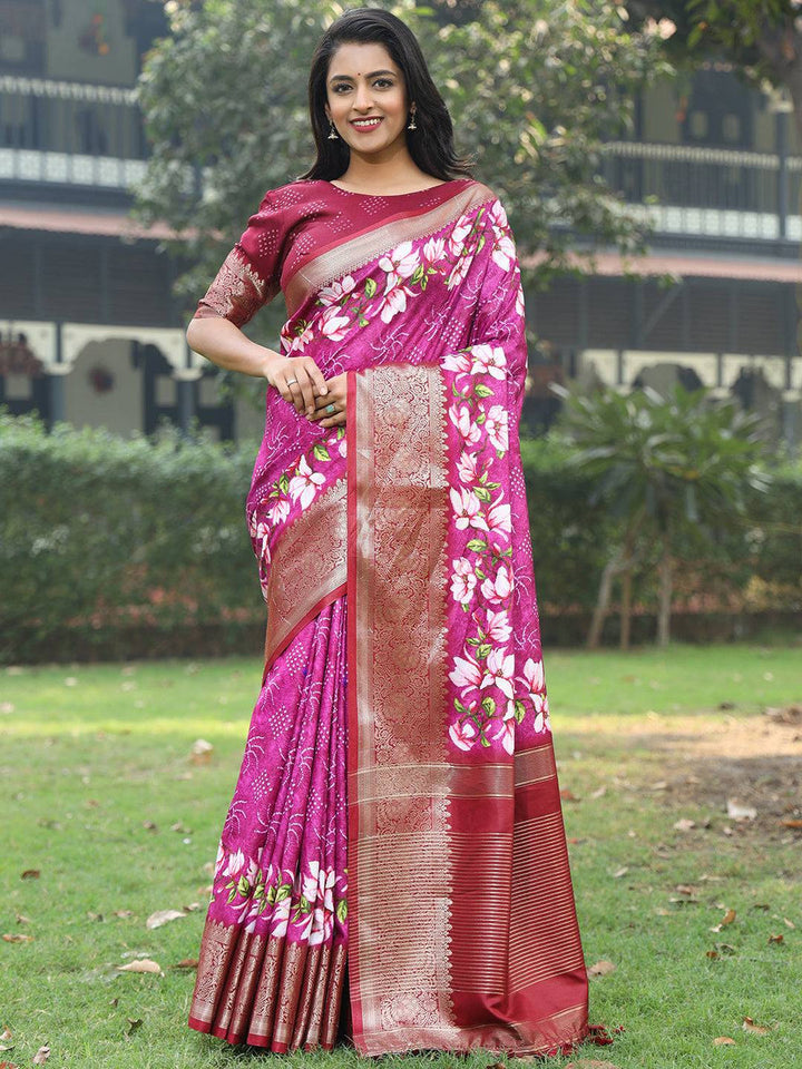 Magenta Banarasi Silk Saree with Floral Print & Gold Zari Border