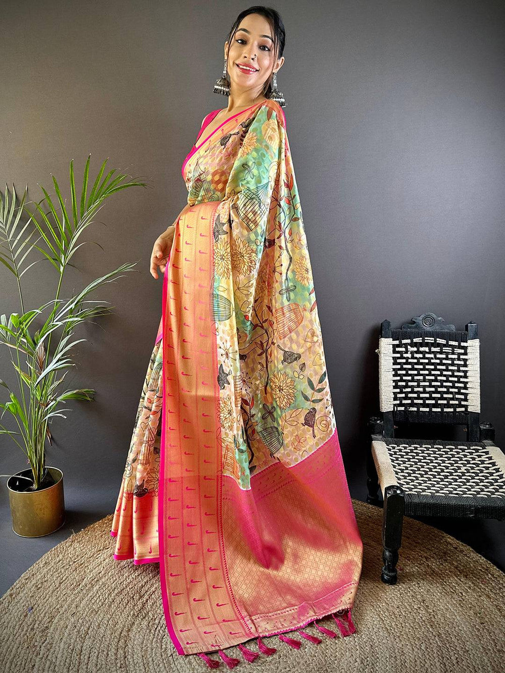 Peach & Pink Floral Banarasi Silk Saree with Golden Zari Pallu and Tassels