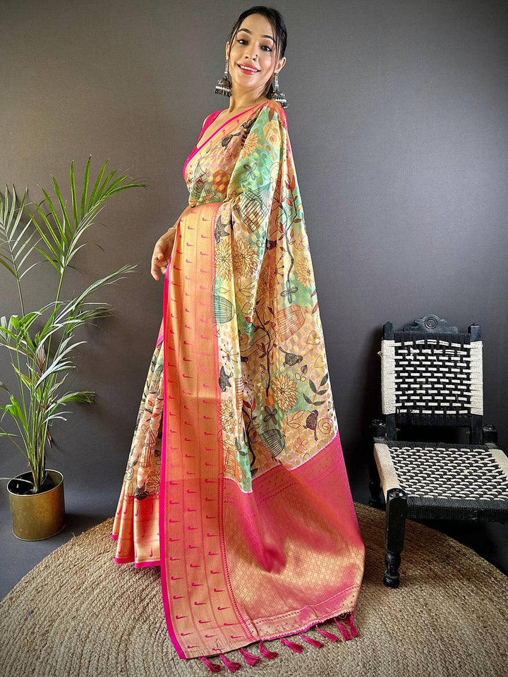 Peach & Pink Floral Banarasi Silk Saree with Golden Zari Pallu and Tassels