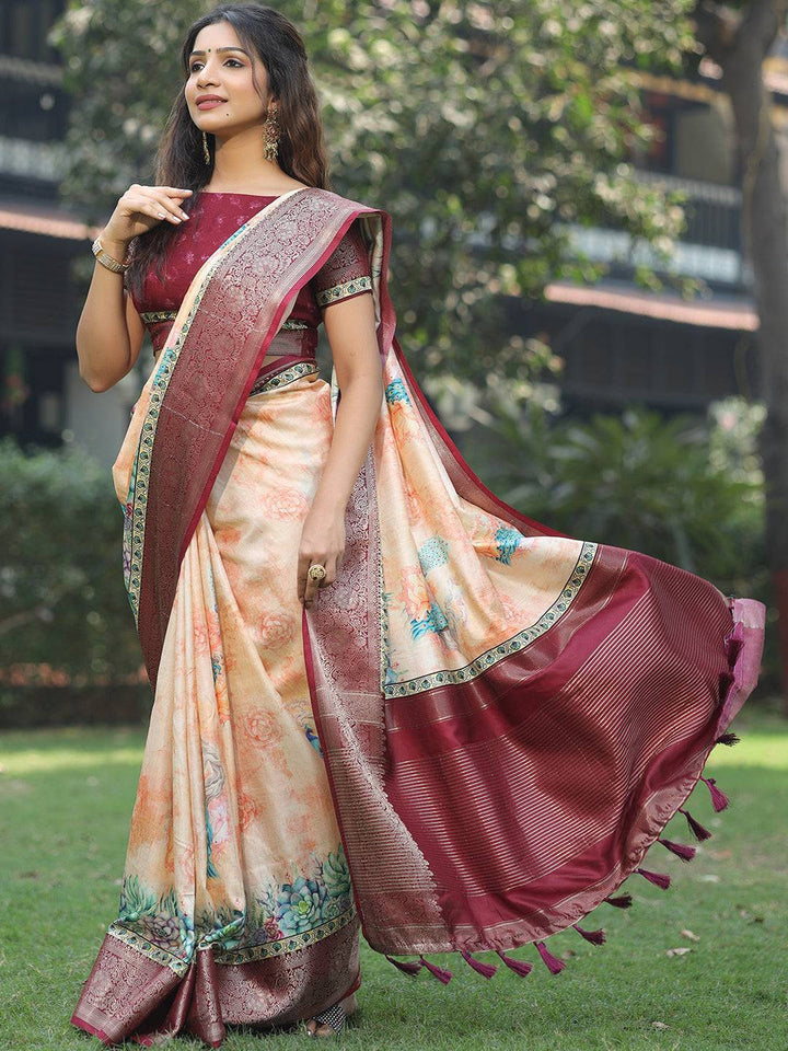 Maroon & Cream Soft Silk Saree with Floral Print & Zari Woven Border