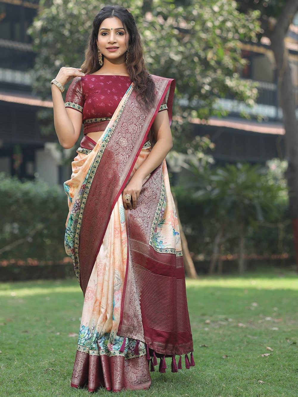 Maroon & Cream Soft Silk Saree with Floral Print & Zari Woven Border