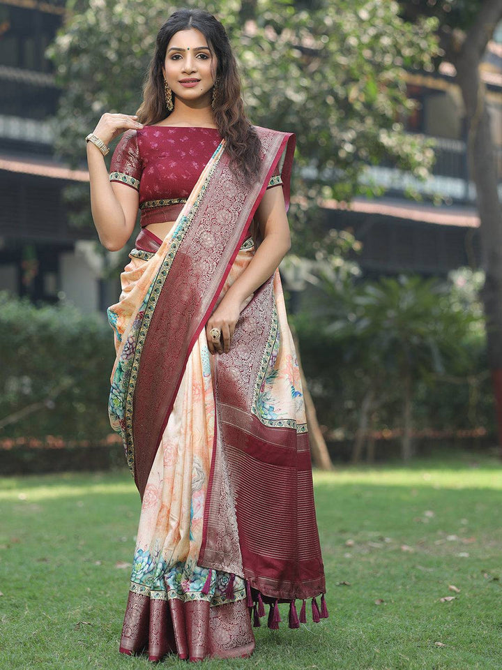 Maroon & Cream Soft Silk Saree with Floral Print & Zari Woven Border