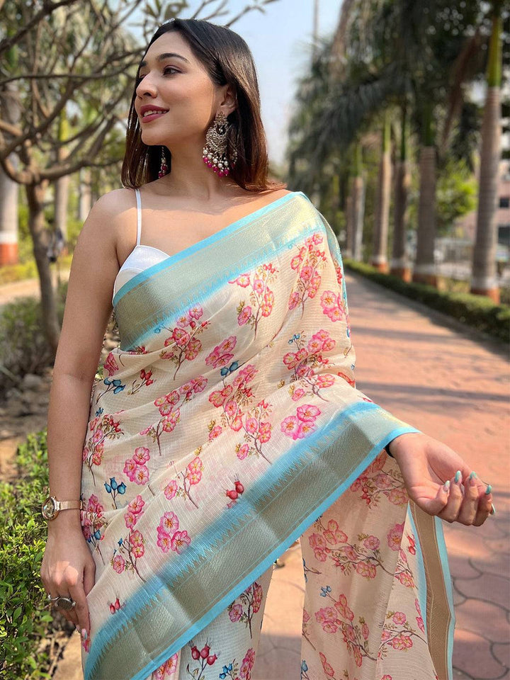 Cream Linen Silk Saree with Pink Floral Print & Sky Blue Border