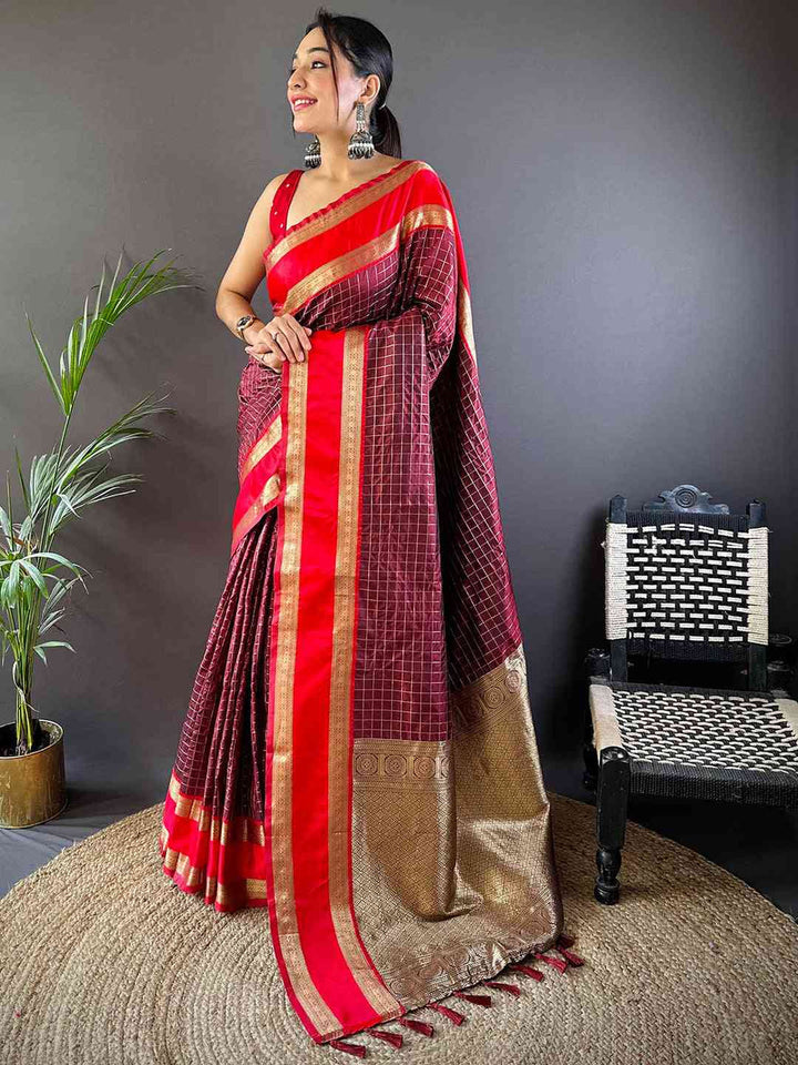 Maroon & Red Banarasi Silk Saree with Golden Zari Weaving